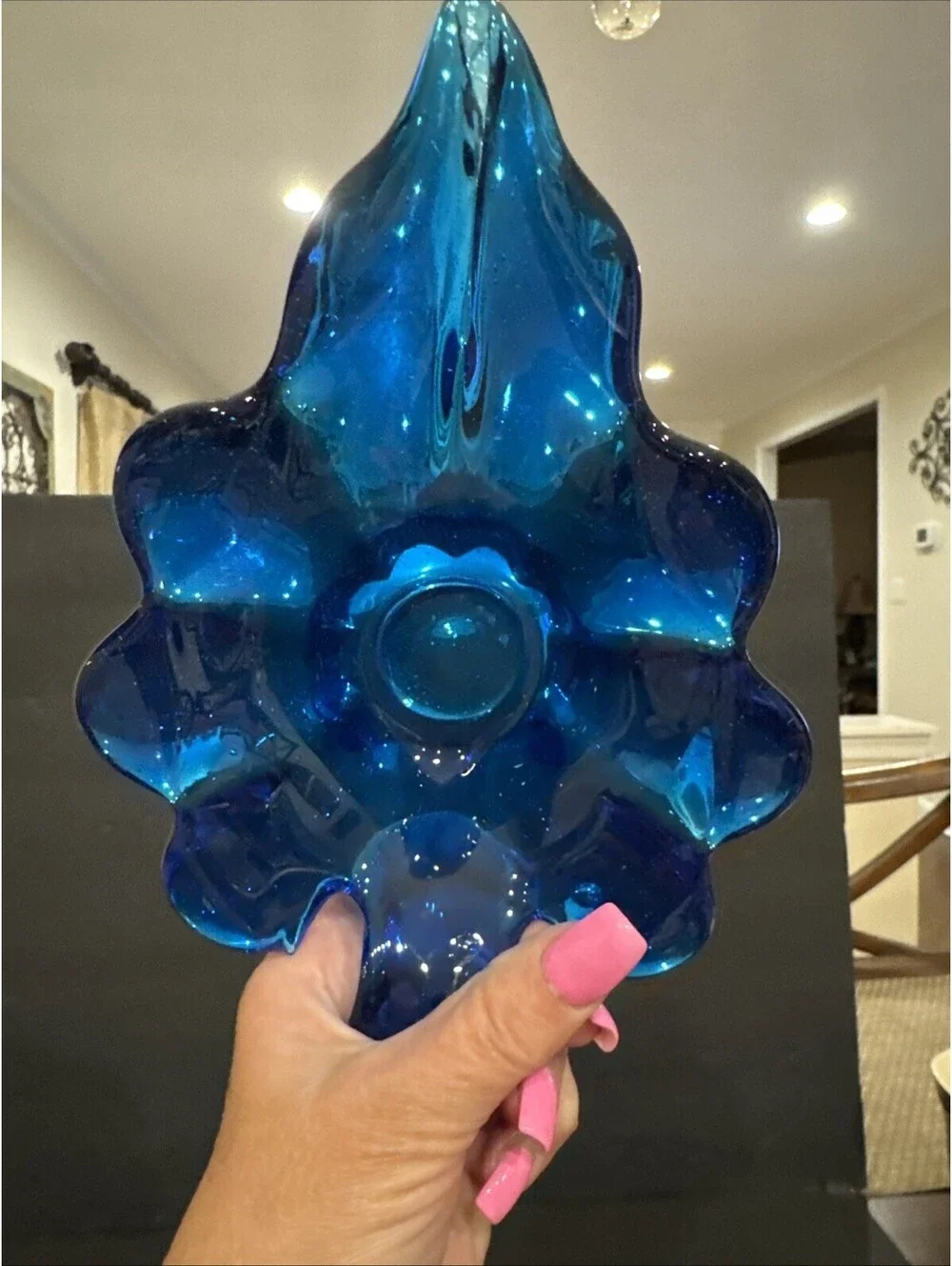 Vintage Unique Leaf Shaped Possibly Murano Glass Blue Art Deco 8” Long
